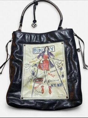 Runway Graphic Black Leather Tote Bag